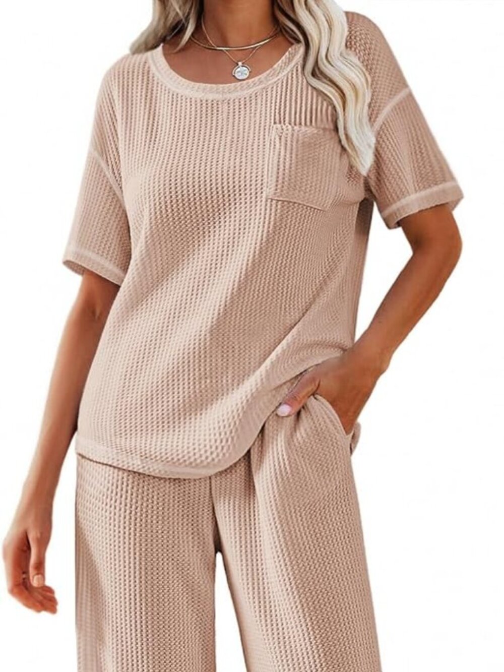 Two Piece Summer Waffle Knit Lounge Set - Size L - Champagne